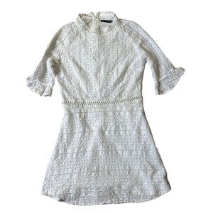 Simplee White Lace Eyelet Mini Dress Womens Medium Mock Neck Bohemian Chic